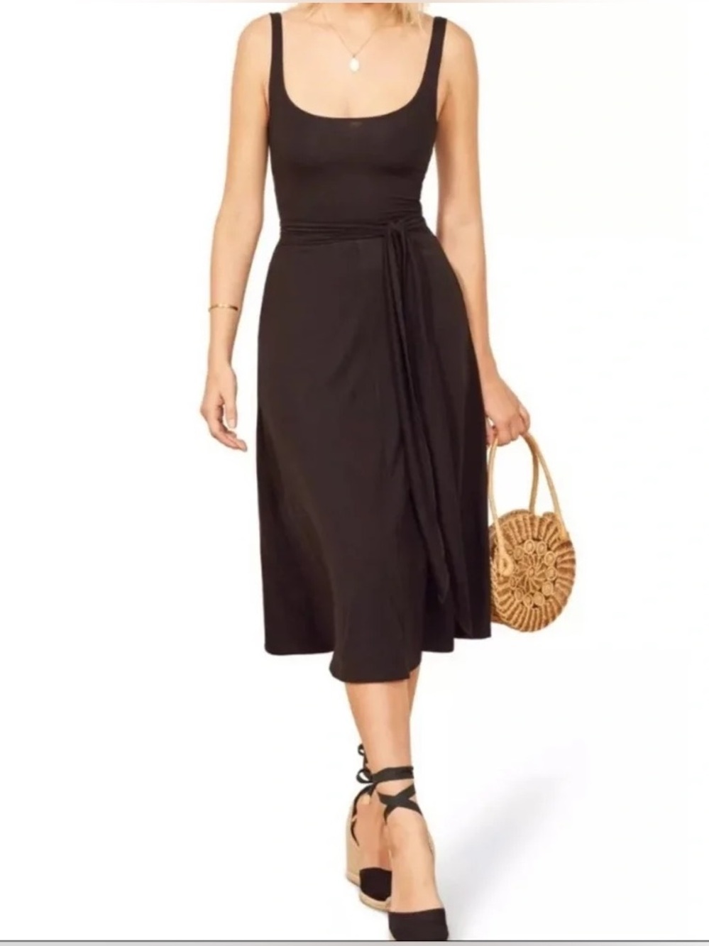 Reformation August Midi Dress tie front adjustable scoop round neck tencel wrap